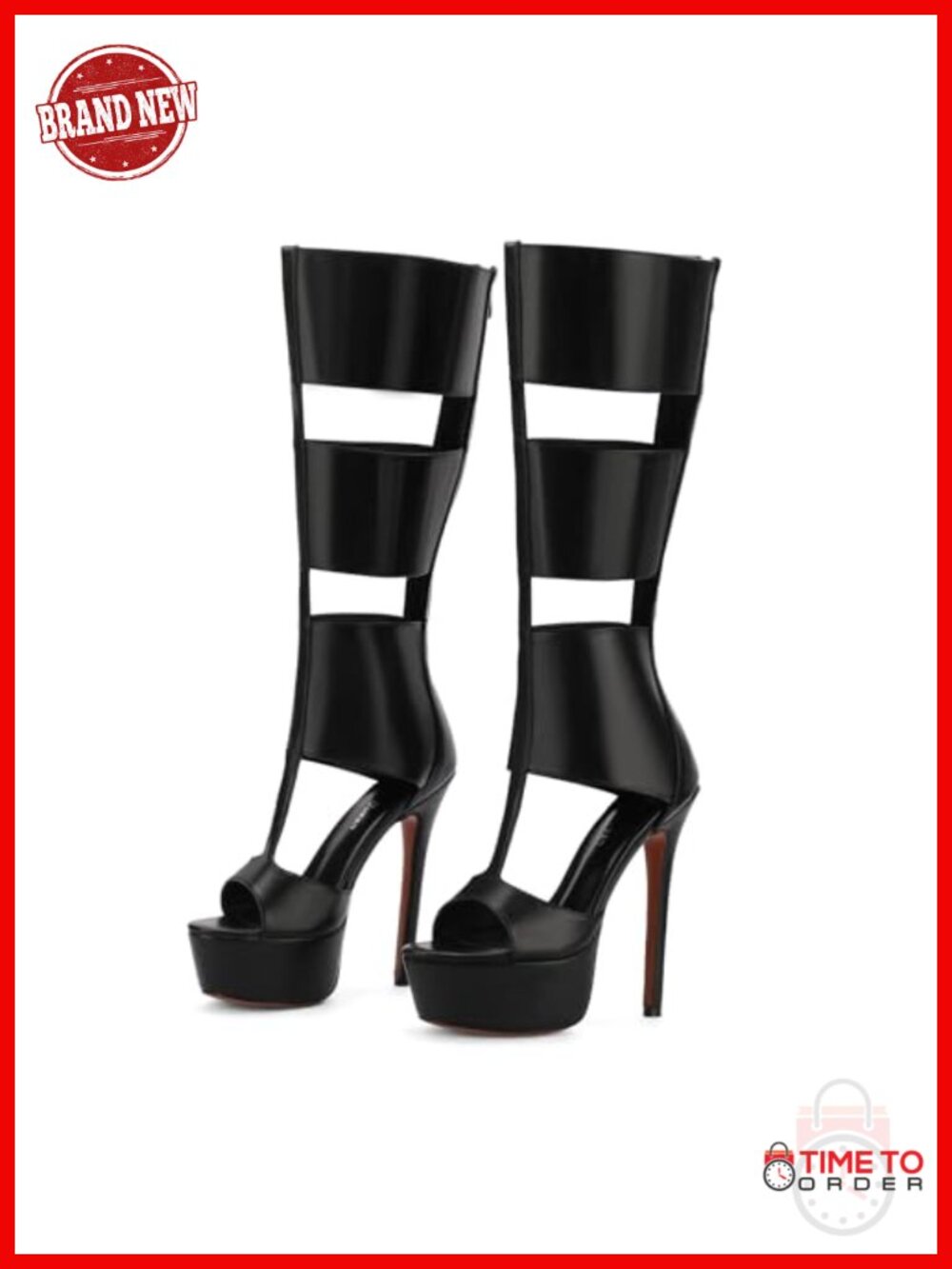 Faux Leather Platform Knee High Heeled Sandals Peep Toe